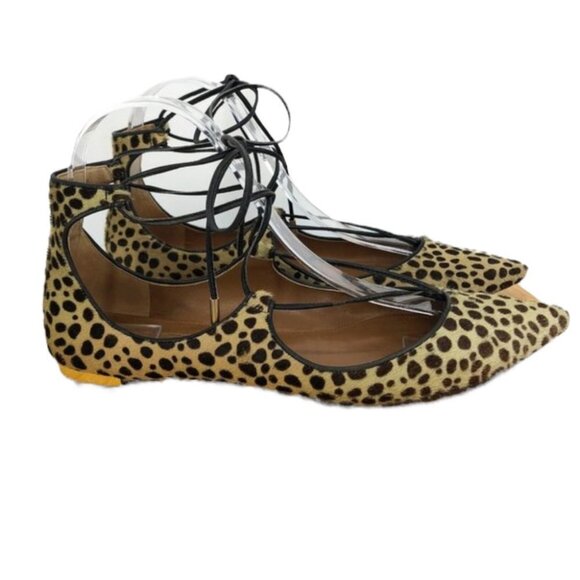 AQUAZZURA Christy Leopard-print Calf Hair Point-toe ankle wrap Flats 37.5 - Picture 15 of 16